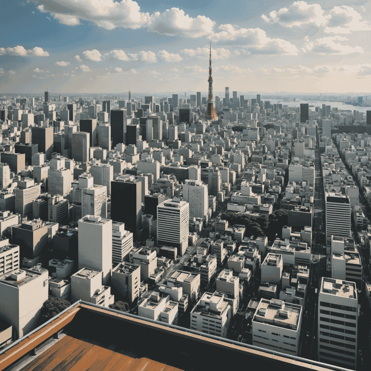 Panoramic view of Tokyo cityscape from Tembo Deck, showing a vast urban landscape with iconic landmarks visible in the distance