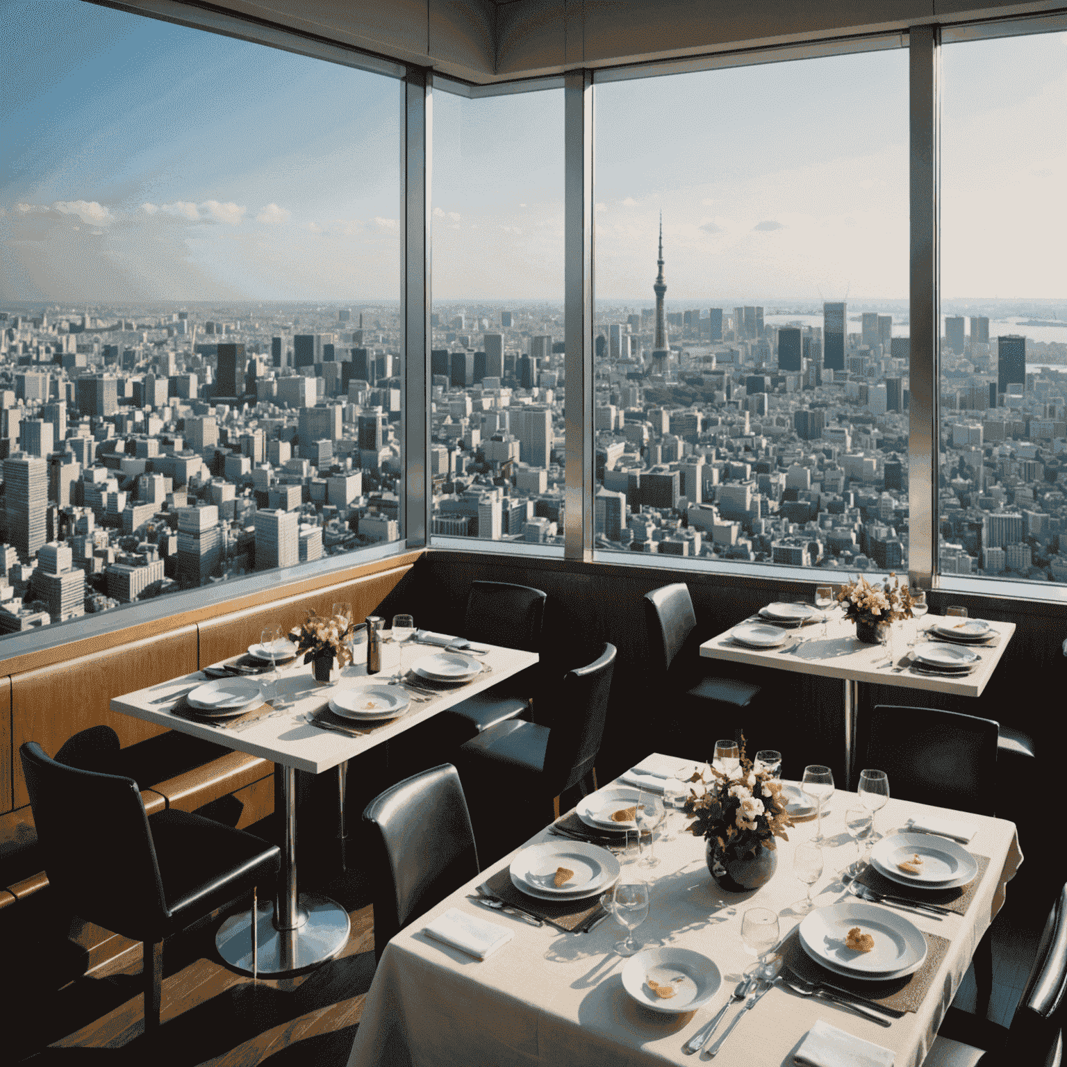 Panoramic view of Tokyo skyline from a Skytree restaurant, with elegantly set tables in the foreground