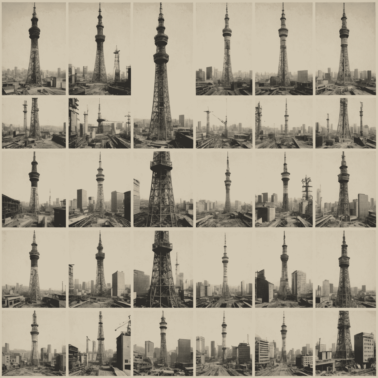 A collage of historical images showing the construction phases of Tokyo Skytree, from groundbreaking to completion, with architectural blueprints and workers in action.