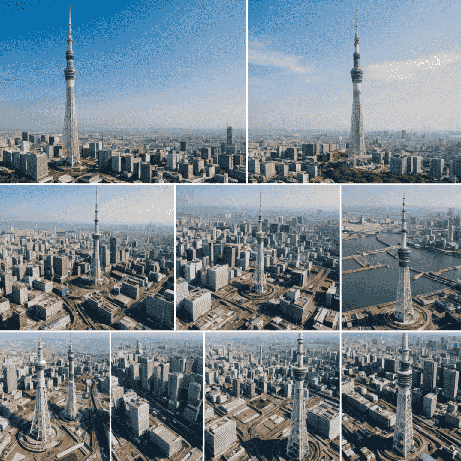 Collage of images showing Tokyo Skytree's construction phases, from foundation to completion