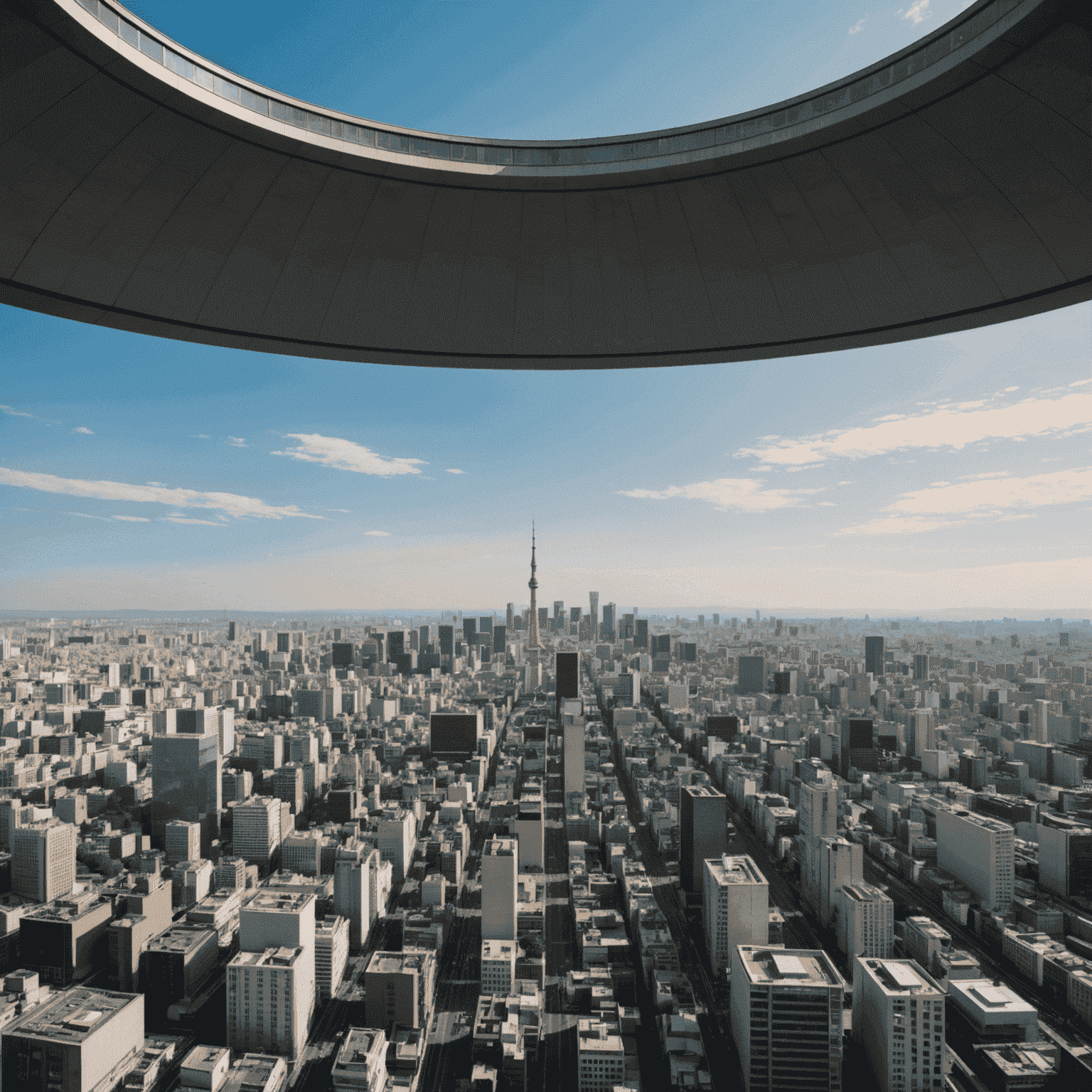 View from the Tembo Galleria showing the curvature of the Earth, with Tokyo's skyline visible below and the horizon stretching far into the distance