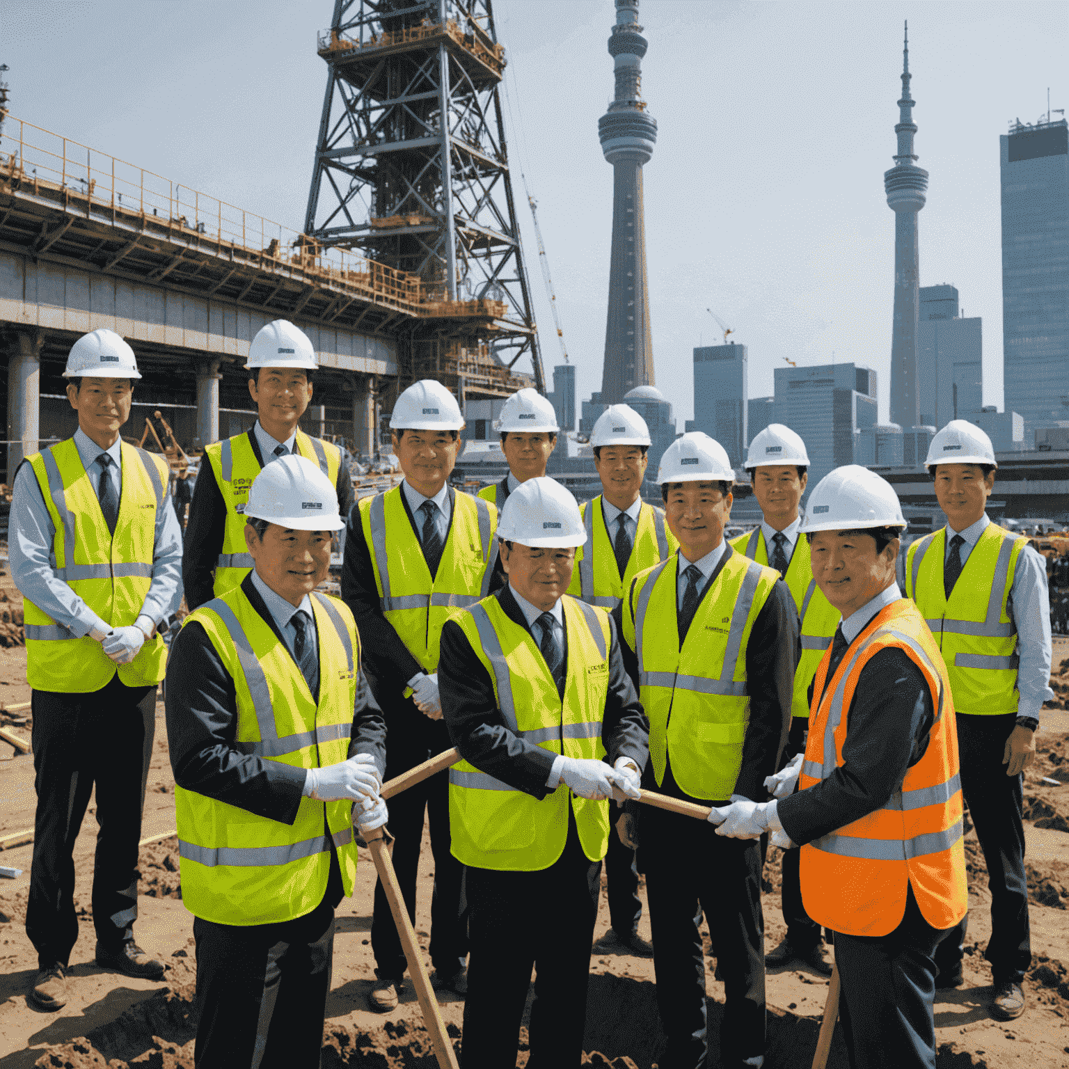 Groundbreaking ceremony for Tokyo Skytree with officials and construction workers in hard hats