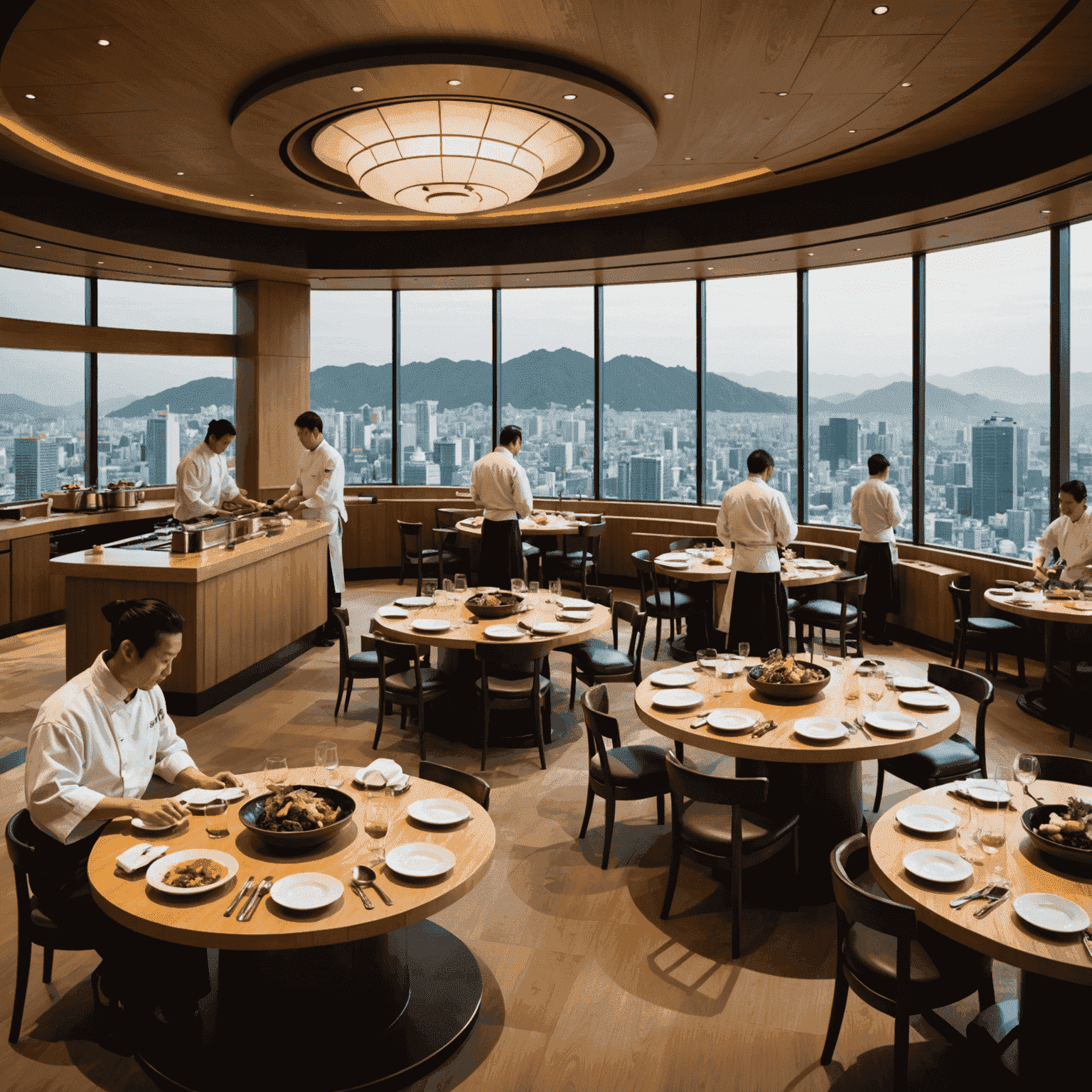 Interior of Musashi Sky Restaurant with its rotating floor and panoramic windows, showing chefs preparing dishes in an open kitchen