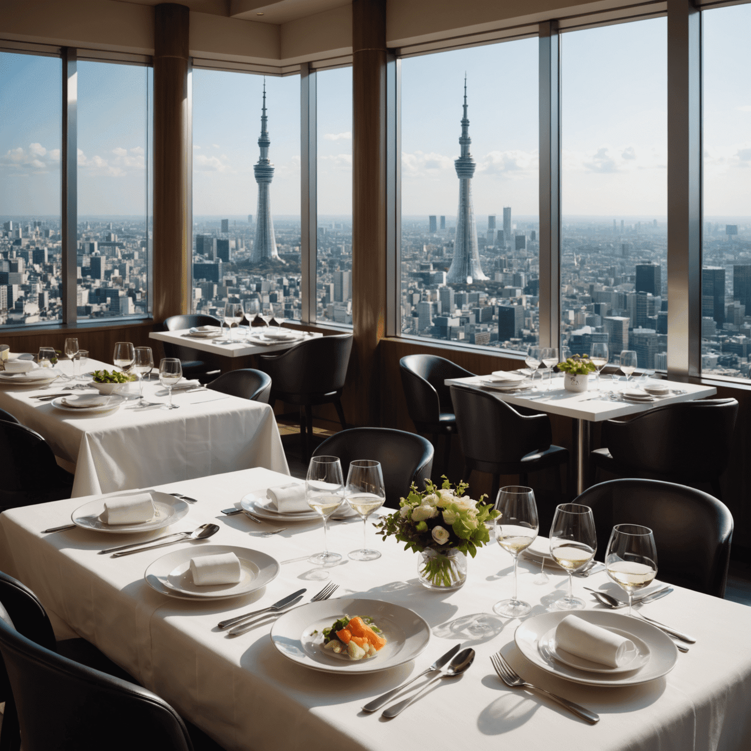 A montage of elegant dining spaces in Tokyo Skytree, featuring panoramic windows with city views, beautifully plated dishes, and chefs at work in high-end kitchens.