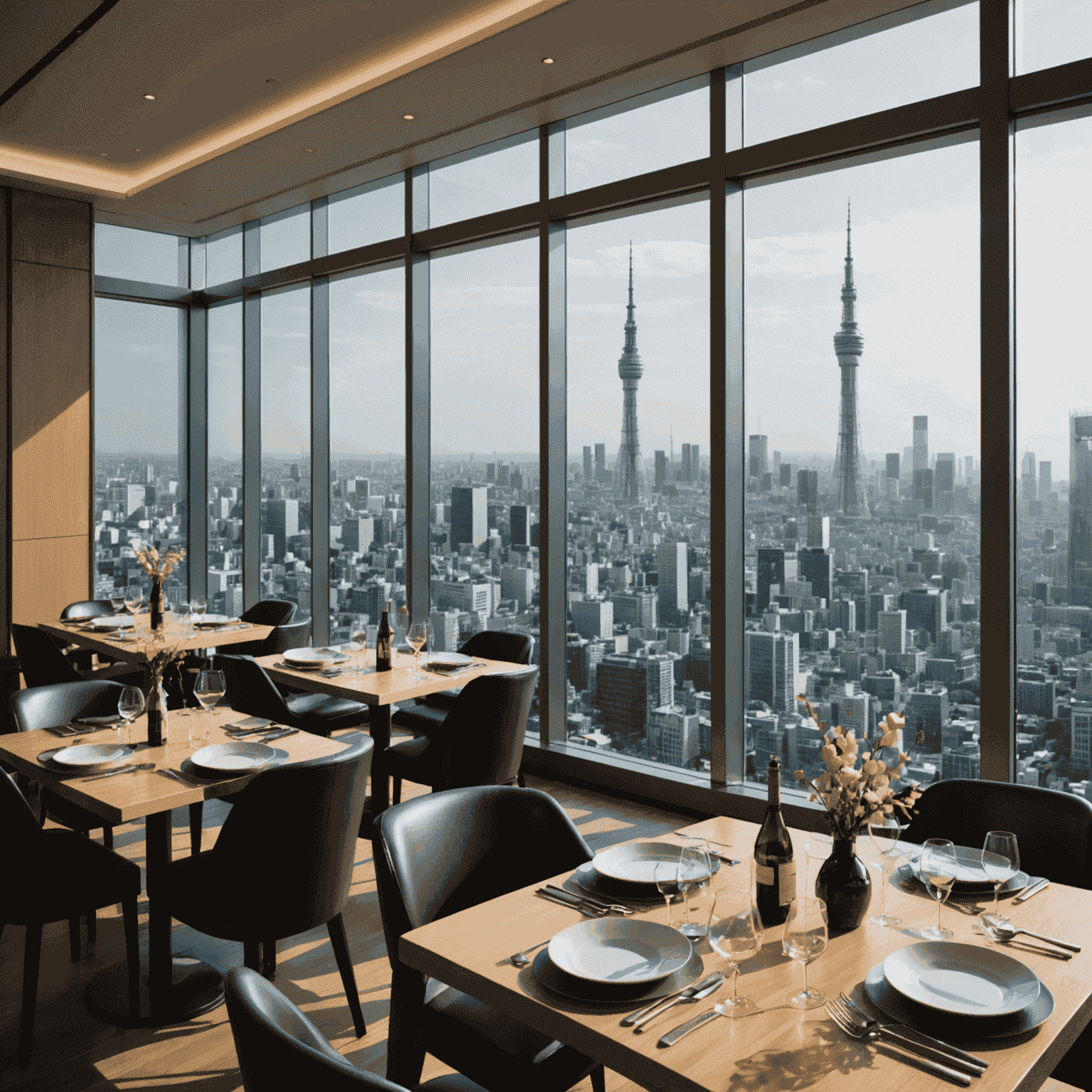 Elegant dining setup at a Tokyo Skytree restaurant with city views visible through large windows