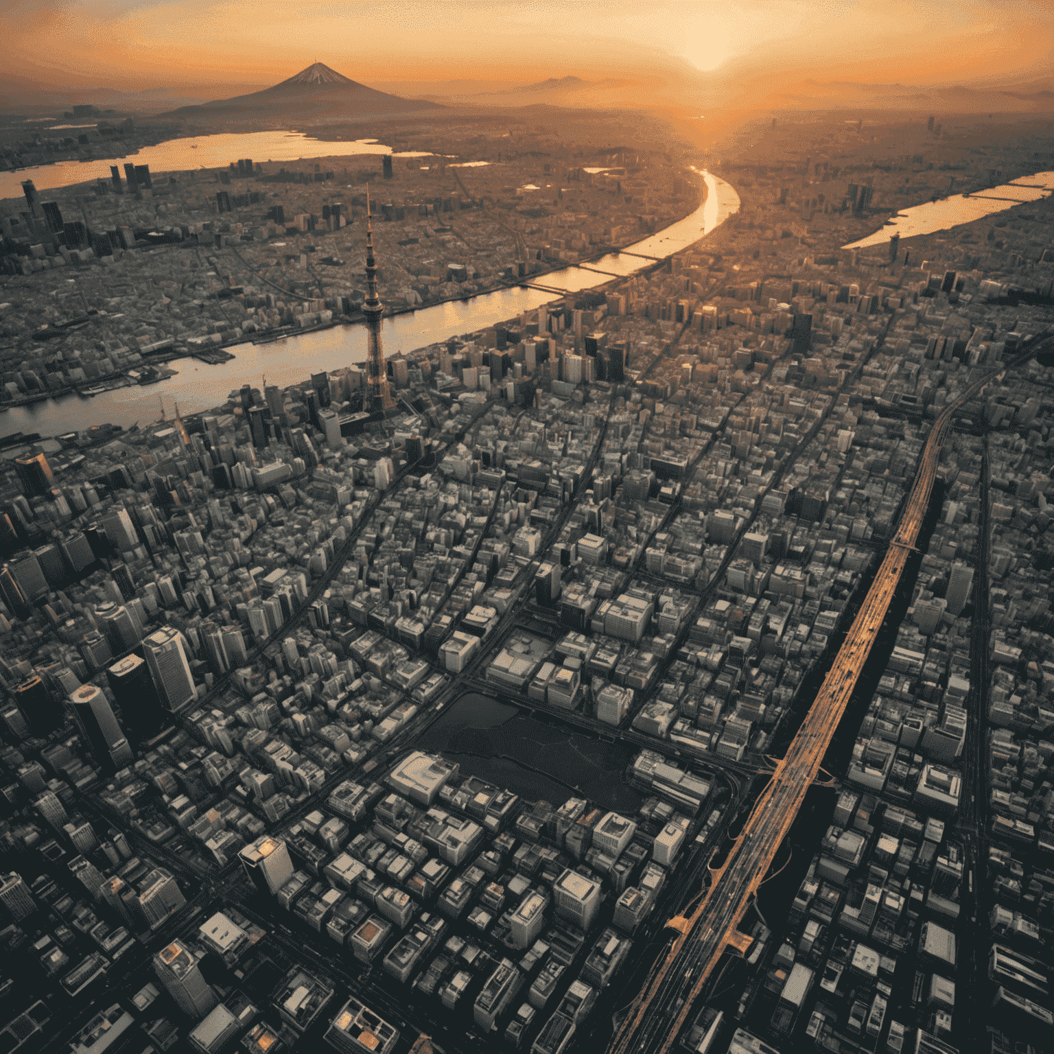 Stunning sunset view from Tokyo Skytree, with the sun setting behind Mount Fuji and casting golden light across the city