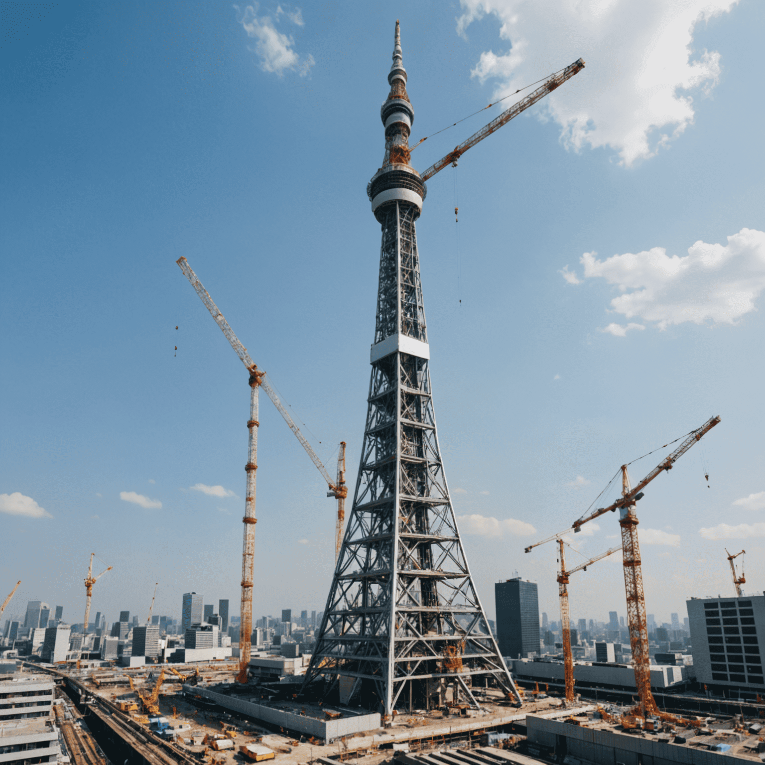 Tokyo Skytree construction progress, showing the tower at half its final height with cranes and scaffolding