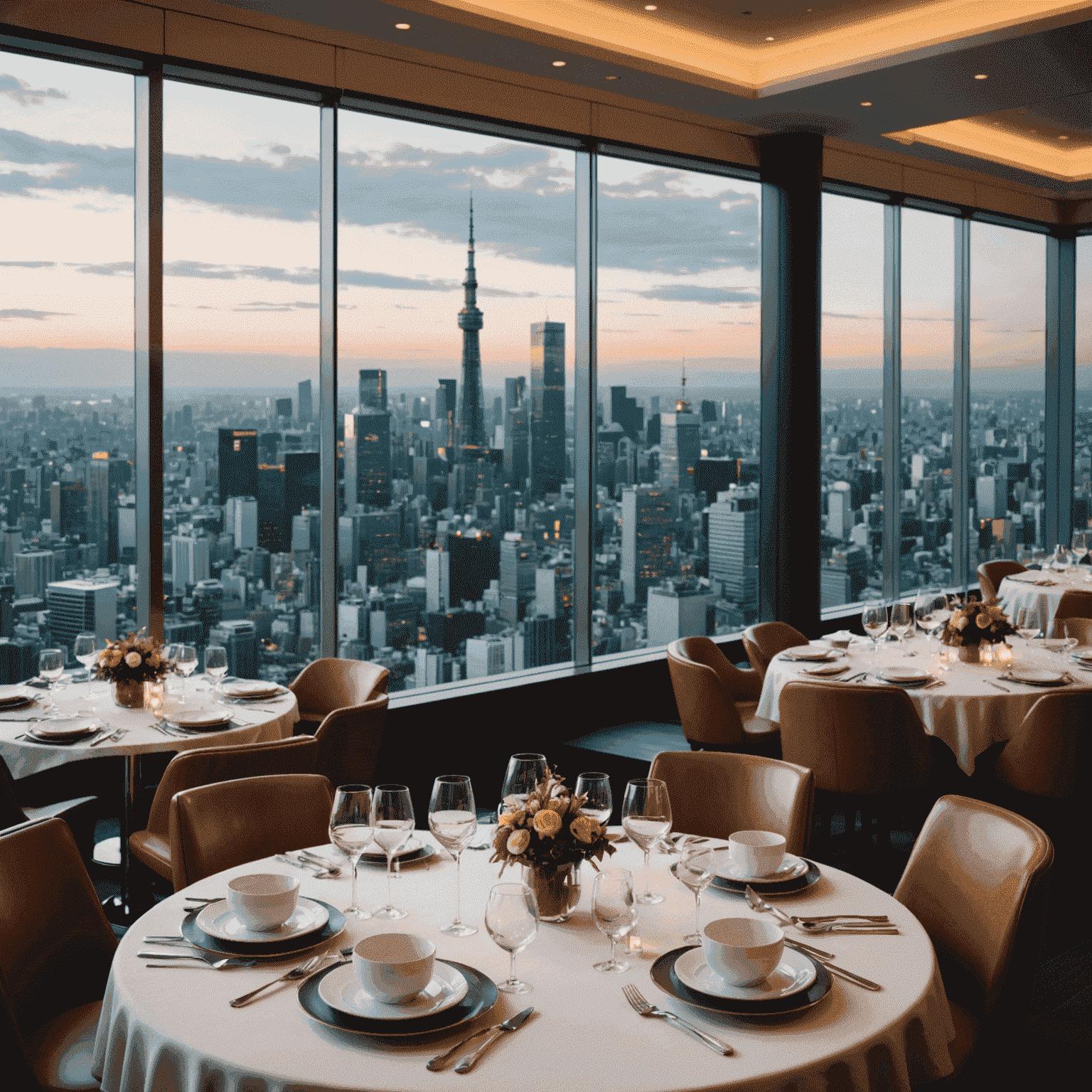 Elegant table setting at Sky Restaurant 634 with Tokyo skyline visible through floor-to-ceiling windows