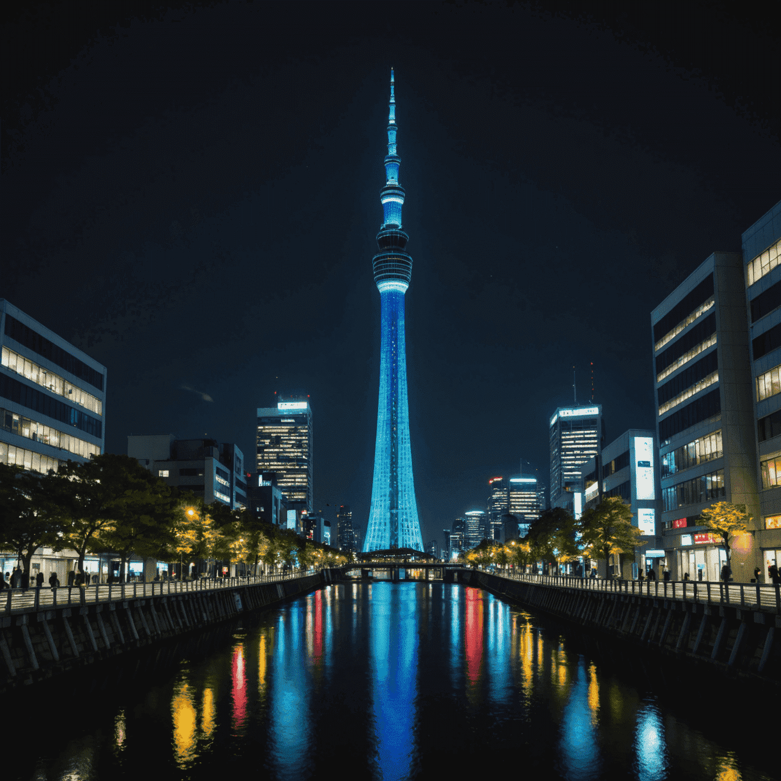 Tokyo Skytree illuminated at night with colorful lights, standing out against the dark sky