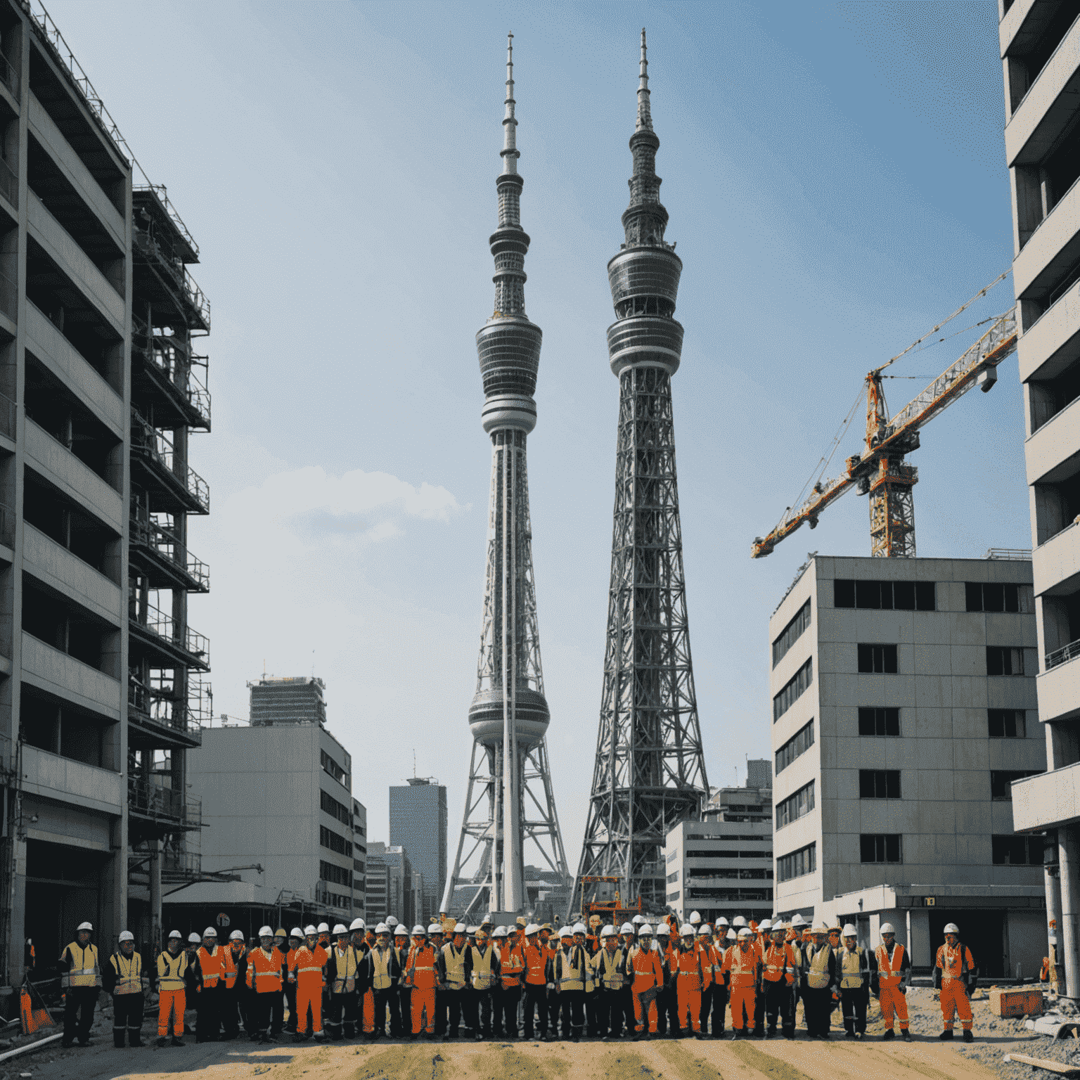 Tokyo Skytree at full height with construction workers celebrating at the top