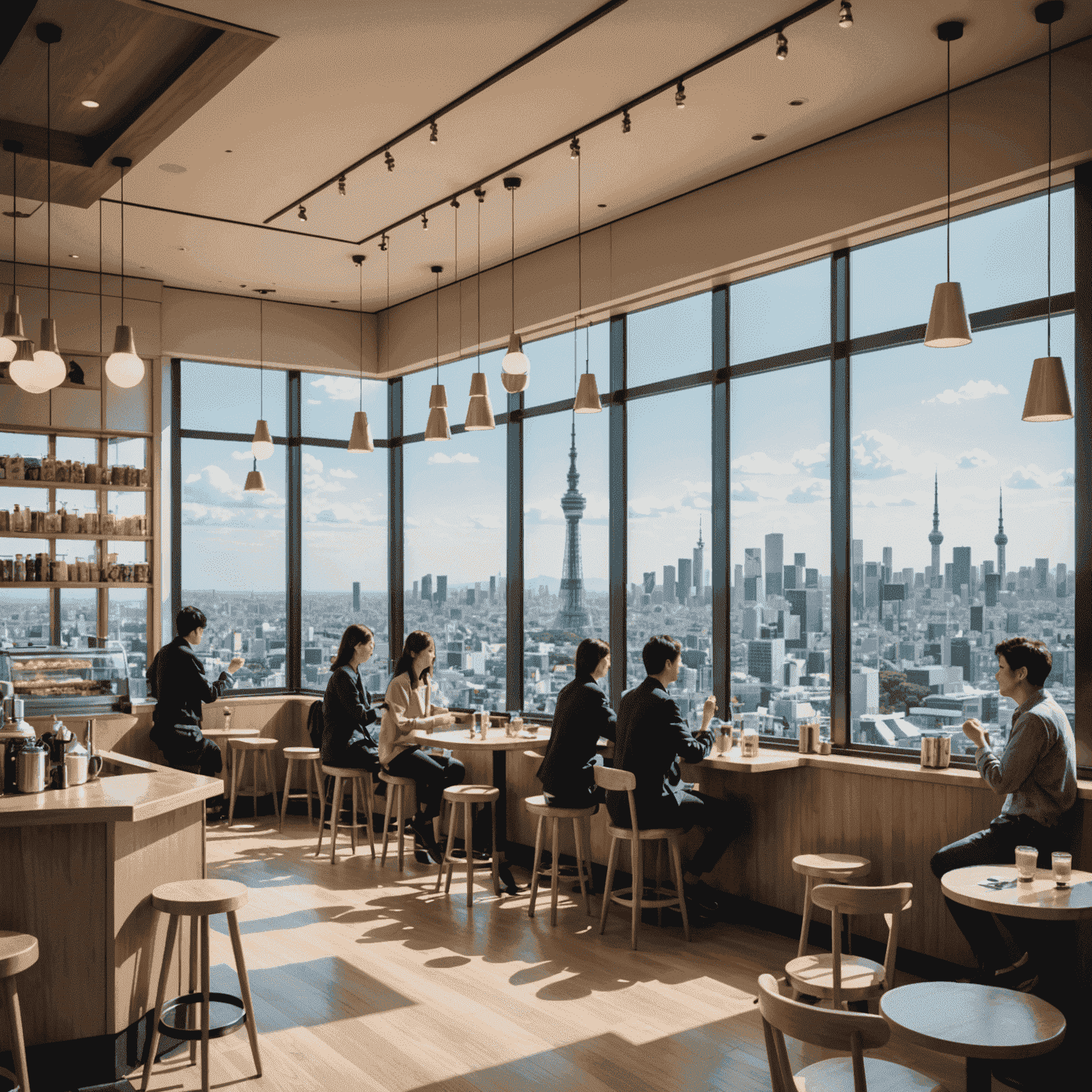 Skytree Cafe interior with customers enjoying drinks and snacks, large windows showcasing Tokyo cityscape