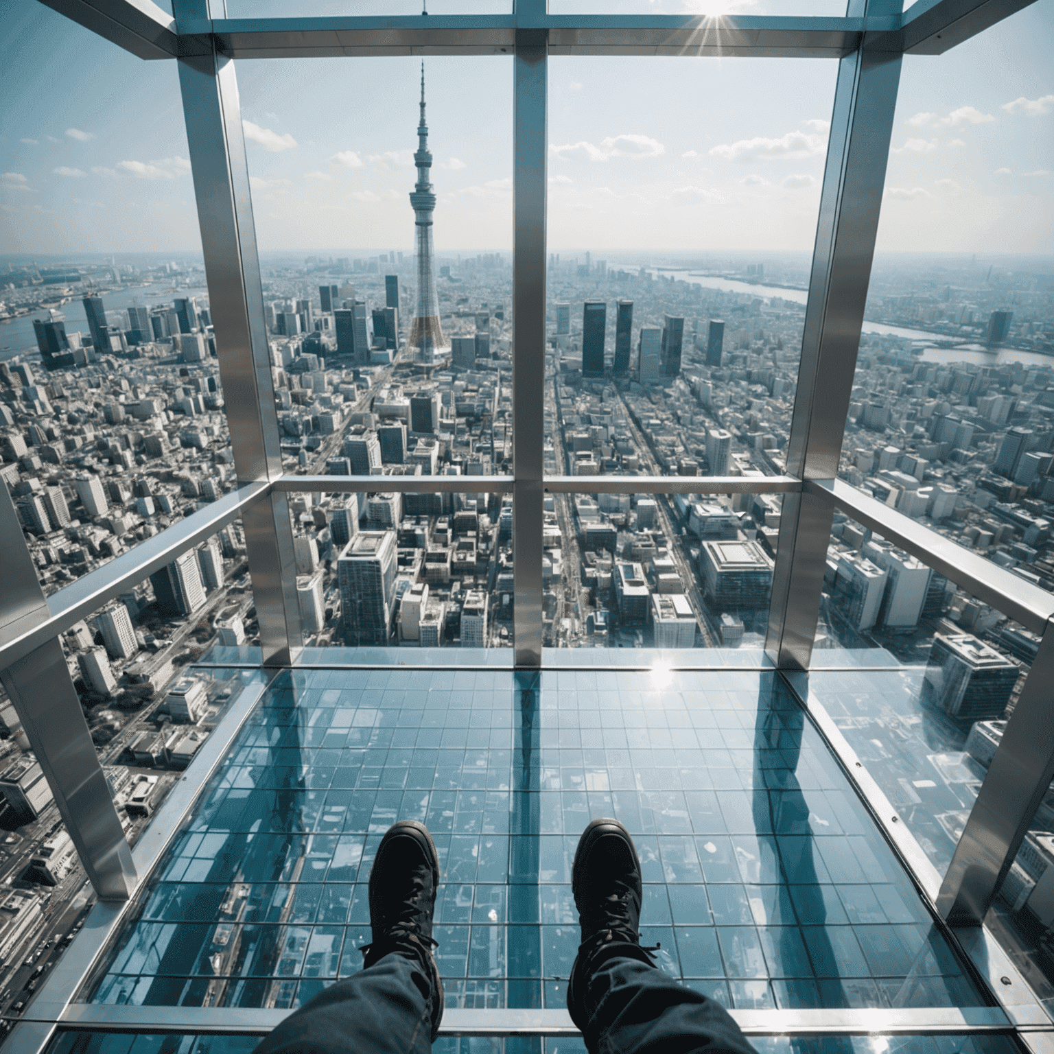 View of the glass floor section at Tokyo Skytree, showing people standing on the transparent floor with the city visible far below