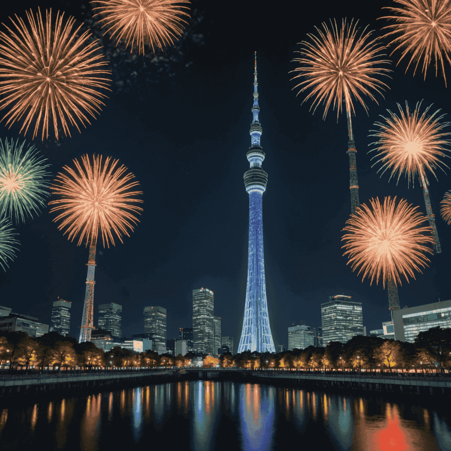 Tokyo Skytree illuminated at night during its grand opening ceremony with fireworks