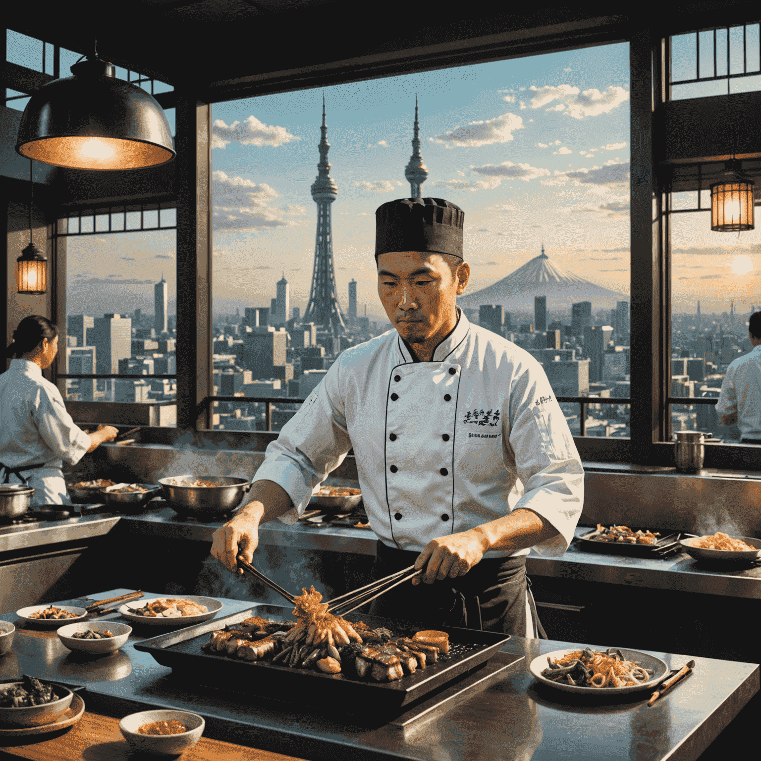 Teppanyaki chef cooking on a large iron griddle in front of seated diners, with Skytree visible through a window