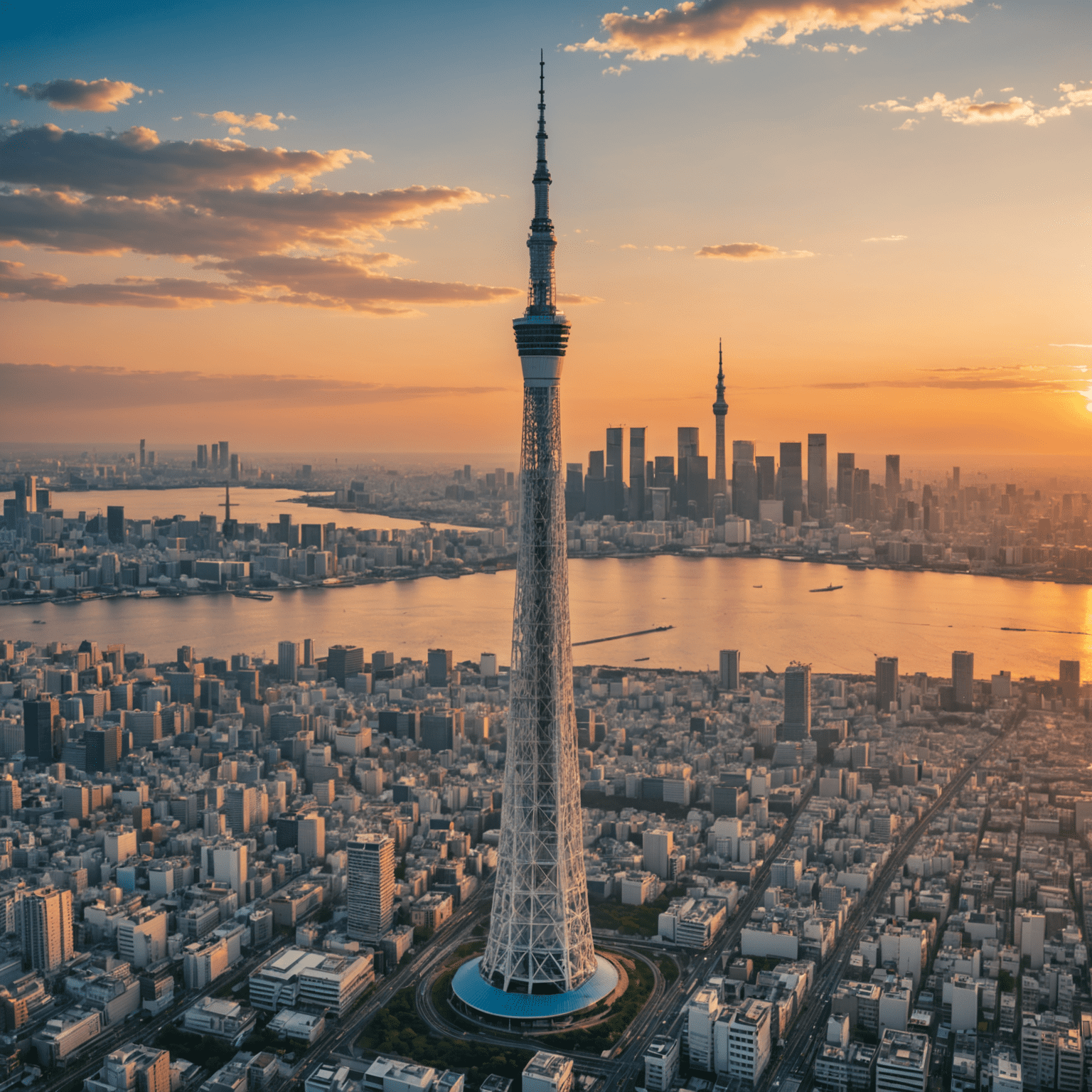 Tokyo Skytree at sunset with Tokyo cityscape in the background, showing its prominence in the skyline